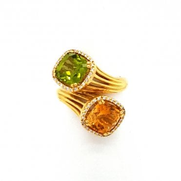 18ct yellow gold Citrine and Peridot double cluster ring