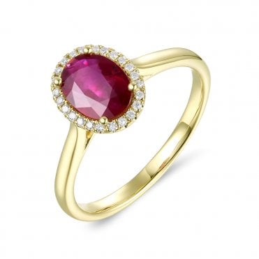 18ct yellow gold oval Ruby and Diamond cluster ring