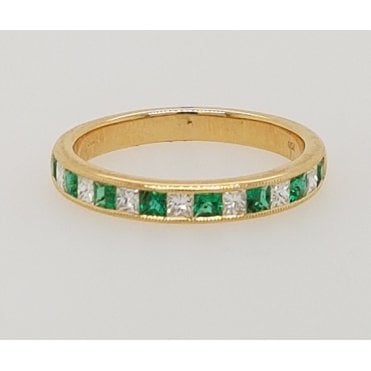 18ct yellow gold square Emerald &  diamond half eternity ring