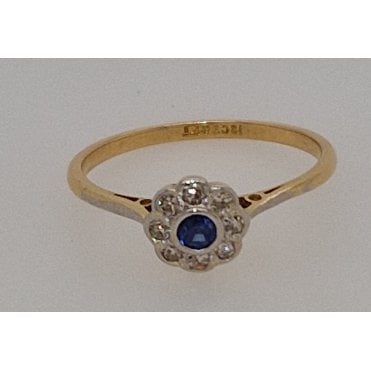 Antique Daisy Sapphire and Diamond Cluster 18ct Gold RIng