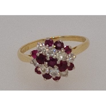 Antique Ruby and Diamond Round Cluster Ring in 18ct Gold