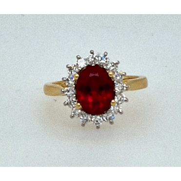 Gorgeous Laboratory Grown Ruby and Diamond Cluster Ring 18ct YG