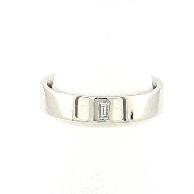 Mens Platinum 5mm wide band set with 1 Baguette Diamond 0.06cts