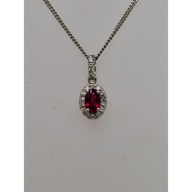 Bramwells Oval Ruby and Diamond Cluster Pendant and chain