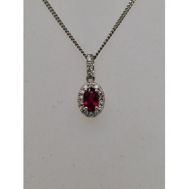 Oval Ruby and Diamond Cluster Pendant and chain