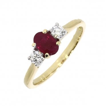 Ruby and Diamond 3 Stone Ring in 18ct Gold