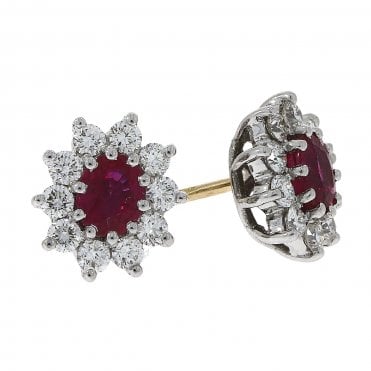 Ruby and Diamond Cluster Earrings 18ct Gold