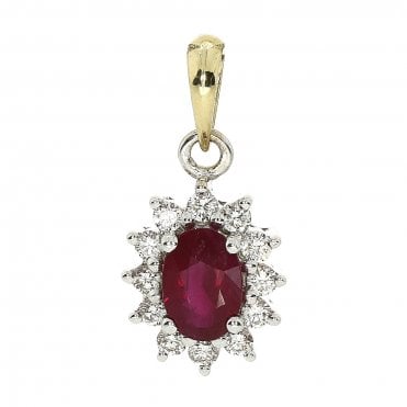 Ruby and Diamond Cluster Pendant 18ct Gold