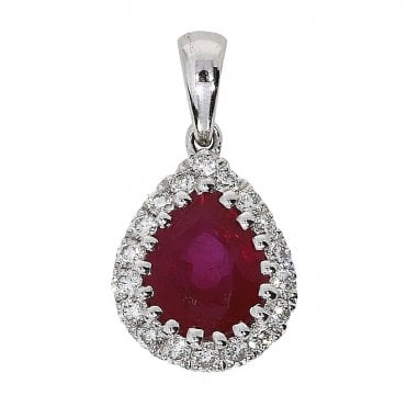 Ruby and Diamond Cluster Pendant in18ct White Gold