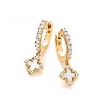 Silver, Gold & Pink Mother of Pearl Clover Leaf Huggie Earrings