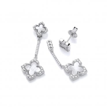 Silver & White Mother of Pearl Clover Drop Earrings
